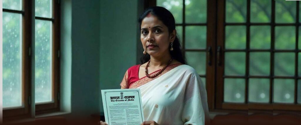 Woman holding the Gazette of India document for a name change