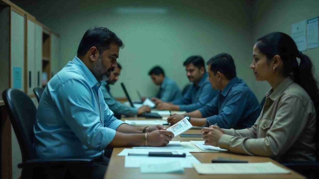 A man and a woman in an office setting review documents, with other people working in the background.