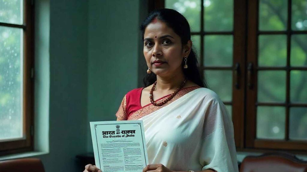 A woman in a white saree and red blouse holds up a document titled "The Gazette of India" in Hindi and English. She has dark hair, dark eyes, and is wearing gold earrings and a beaded necklace. The background shows a window with trees outside