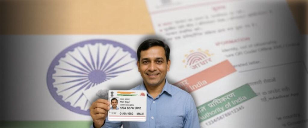 A smiling man holds up his Aadhaar card, with the Indian flag and blurred official documents in the background, symbolizing national identity.