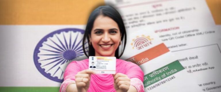 Smiling woman holding an Aadhaar card with an Indian flag and application forms in the background.