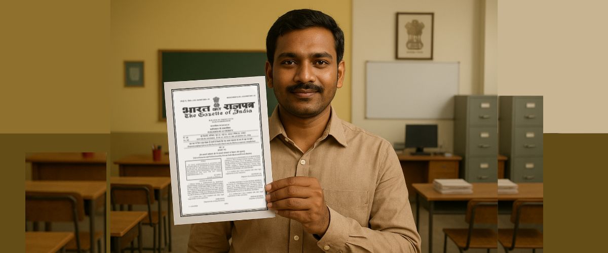 A smiling man in a classroom setting proudly holds up a "Certificate of Gazette Notification."