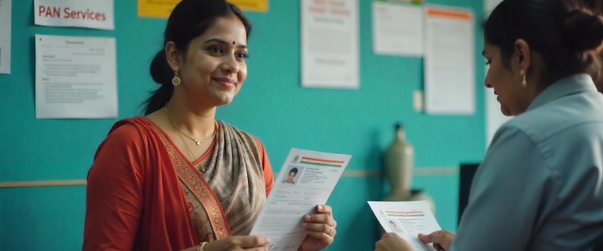 pan card name change after marriage: A smiling woman in a saree hands documents, likely a PAN card or Aadhaar, to a service agent in an office setting, suggesting an in-person application process.