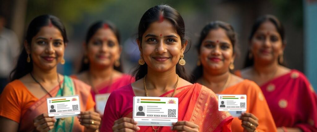 aadhar card name change after marriage: Group of smiling Indian women in traditional attire holding up samples of the Aadhaar card