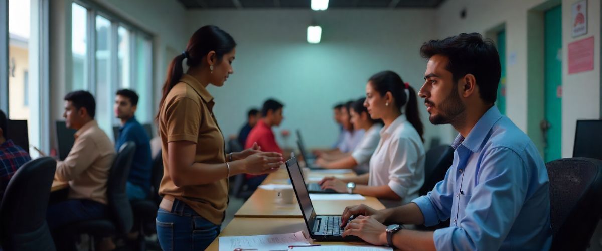Students or employees at computers in a lab setting, possibly working on aadhar card updates or enrollment forms.