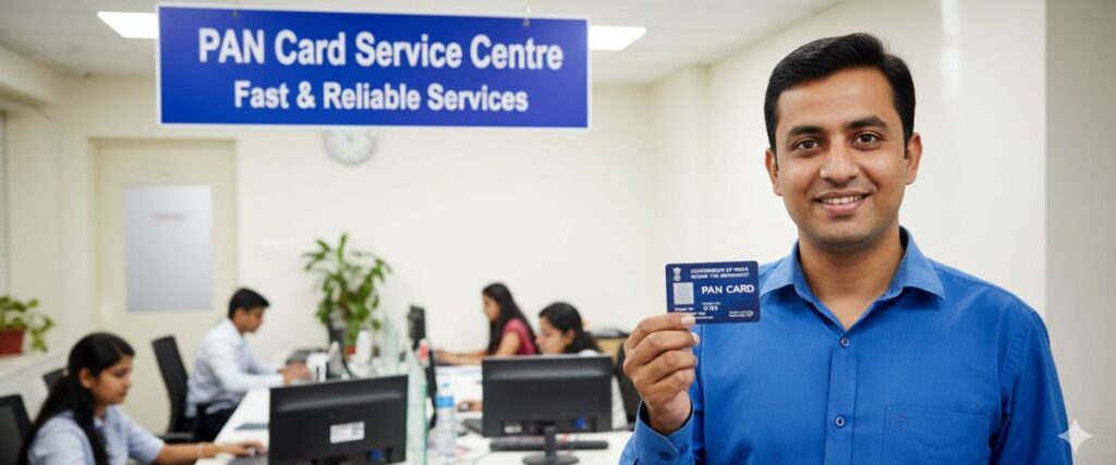 Name Change in PAN Card: A smiling man in a blue shirt holds up his PAN card at a "PAN Card Service Centre" with staff working in the background.