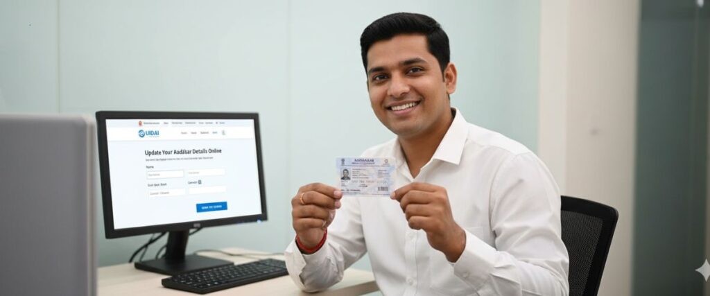 Name Change in Aadhar Card: A smiling man in a white shirt holds up his Aadhaar card, with a computer screen in the background displaying the UIDAI portal for updating Aadhaar details online.