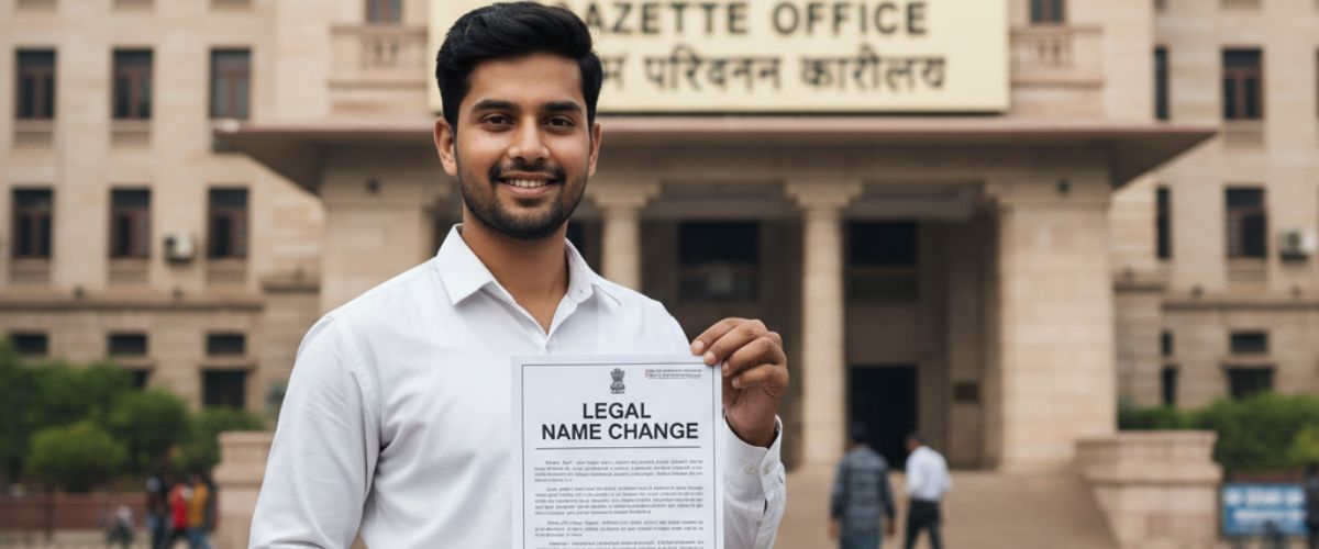 legal name change: A smiling man holds a document titled "LEGAL NAME CHANGE" in front of the "GAZETTE OFFICE" building, symbolizing official name change procedures.