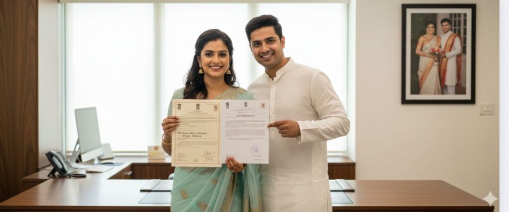 surname change after marriage: A smiling Indian couple, dressed in traditional attire, holds up official documents (marriage certificate and a notification) in an office setting, with their wedding photo on the wall.