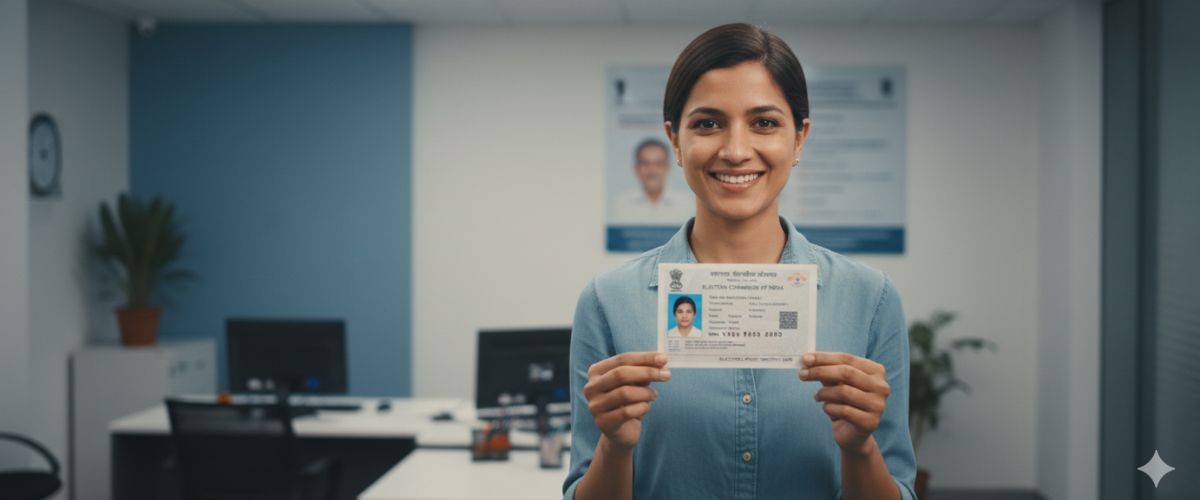 name change in voter id: A smiling woman in a professional setting holds up her Indian Voter ID card, with an office background.