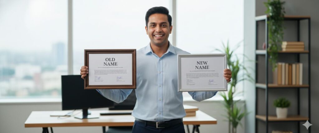 name change process: A smiling man holds up two framed documents, one labeled "OLD NAME" and the other "NEW NAME," in a modern office setting.