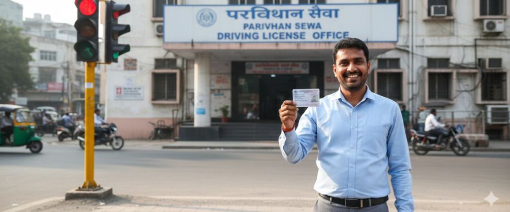 name change in driving license: A smiling man holds up his driving license in front of a "DRIVING LICENSE OFFICE" building on a busy street.