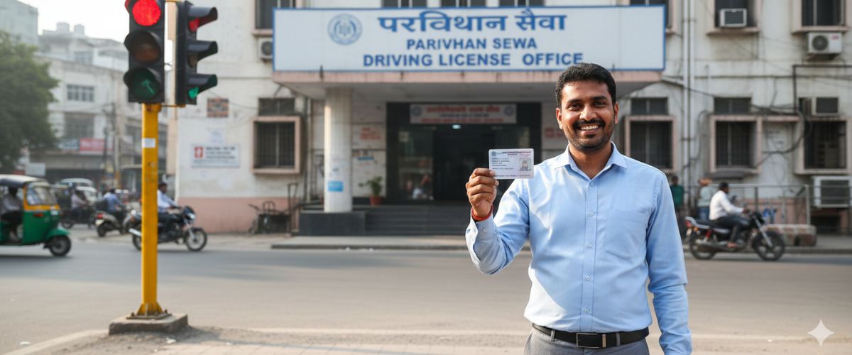 name change in driving license: A smiling man holds up his driving license in front of a "DRIVING LICENSE OFFICE" building on a busy street.