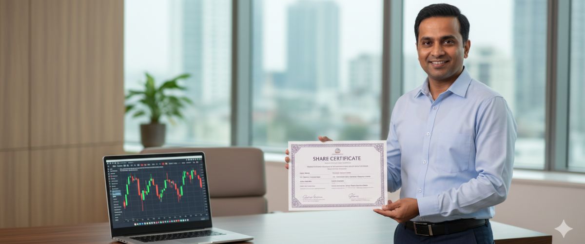 name change in share certificate: A smiling man in a blue shirt holds up a "SHARE CERTIFICATE" in an office, with a laptop displaying stock charts on the desk.