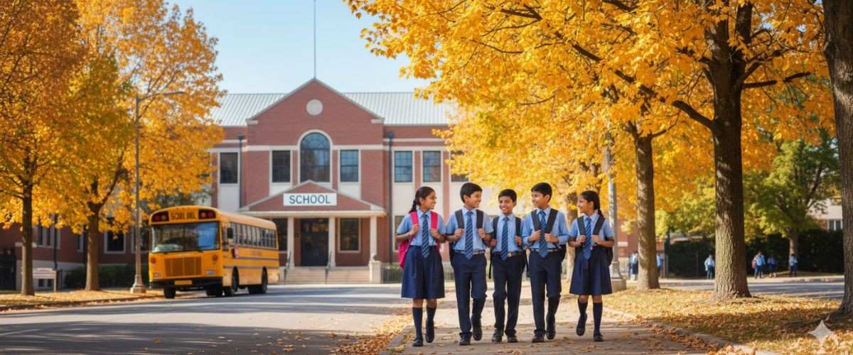 name change in school certificate: A group of five smiling Indian schoolchildren in uniforms walk on a path lined with autumn trees, with a school building and a yellow school bus in the background.
