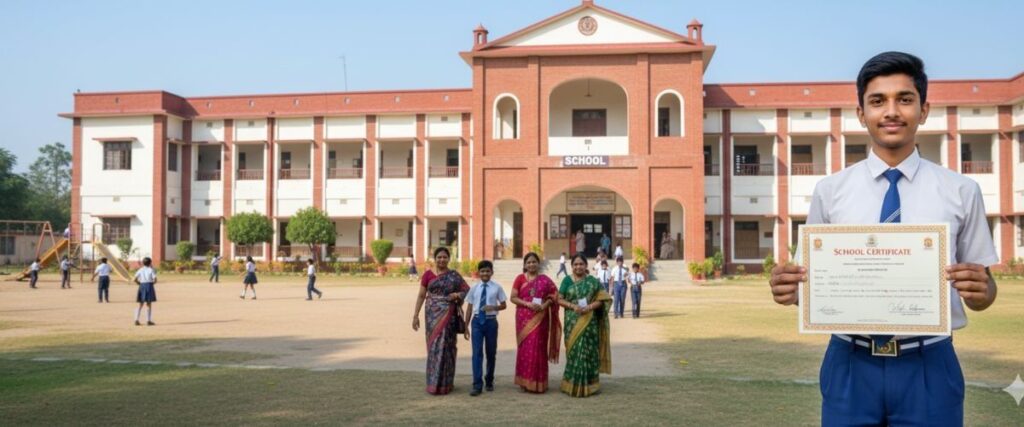 name change in school certificate: A smiling male student in uniform holds up a "SCHOOL CERTIFICATE" in front of a traditional school building with teachers and students on the grounds.