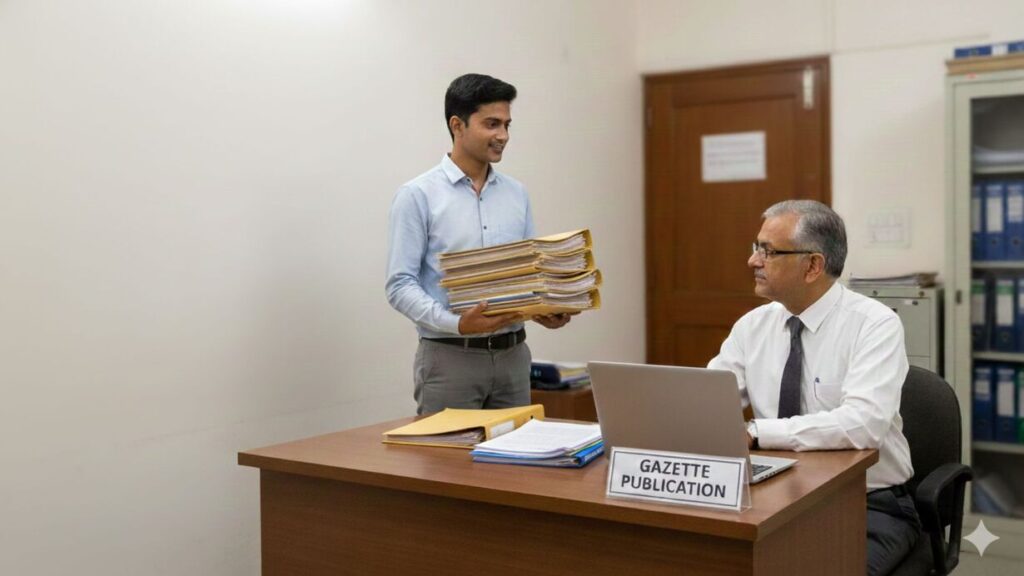 legal name change: A young man carries a stack of files for "GAZETTE PUBLICATION" to an official sitting at a desk in a "GAZETTE OFFICE," indicating administrative work for legal changes.