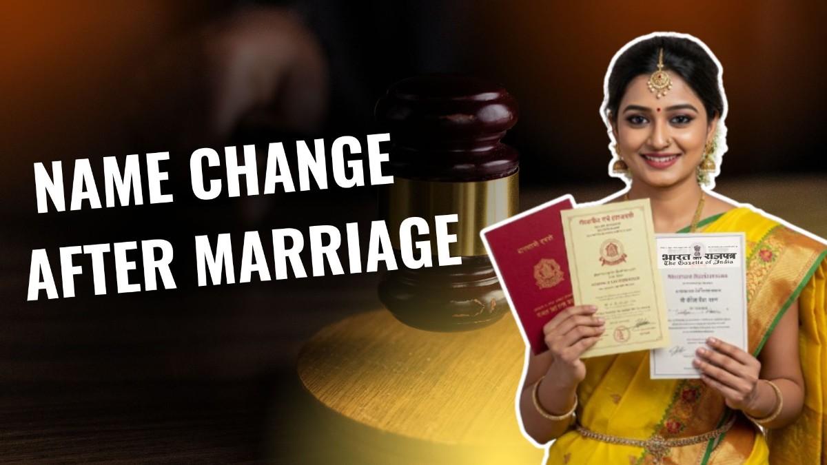 name change after marriage: A smiling Indian bride in traditional attire holds up legal documents including "The Gazette of India,"