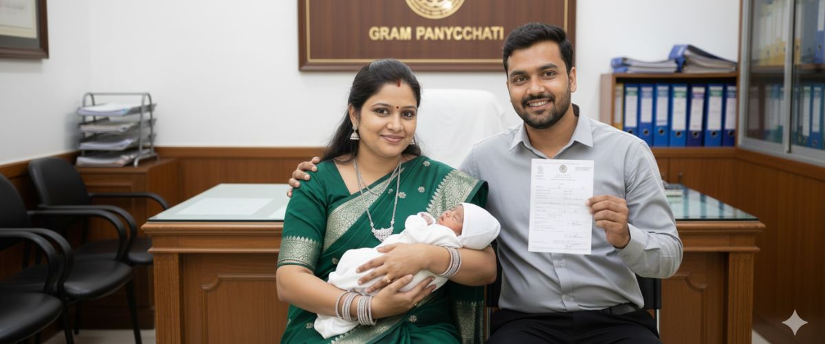 Couple with newborn baby and birth certificate.