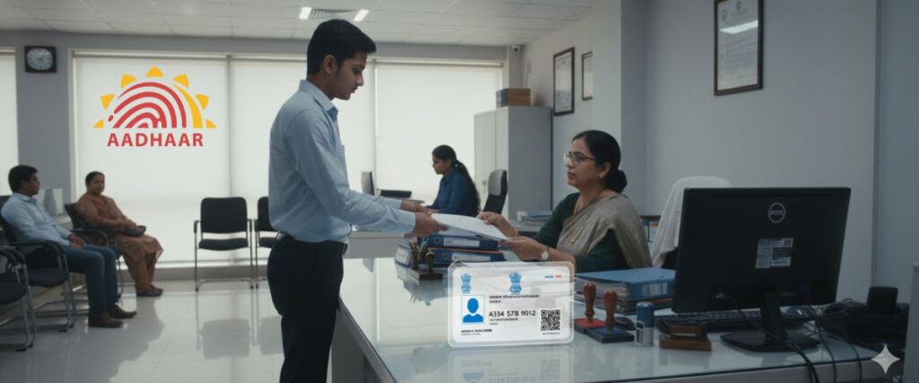 A close-up image showing the front of an Aadhaar card and the official enrollment/update form used for Aadhar Card Name Change.