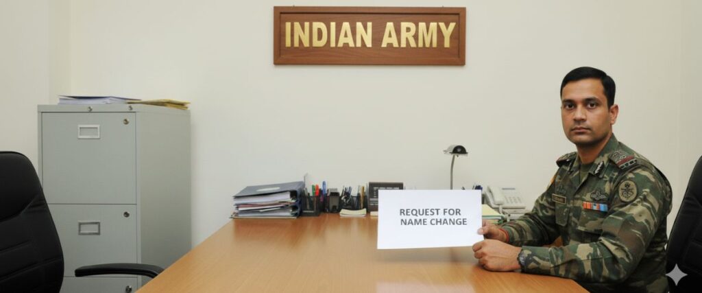 Name Change in Service Record: An Indian Army officer in uniform sits at his desk, holding a sign that reads "REQUEST FOR NAME CHANGE," beneath an "INDIAN ARMY" plaque.