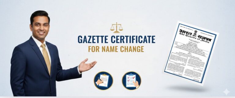 A professional man in a blue suit gesturing toward a "The Gazette of India" document and the text "Gazette Certificate for Name Change."