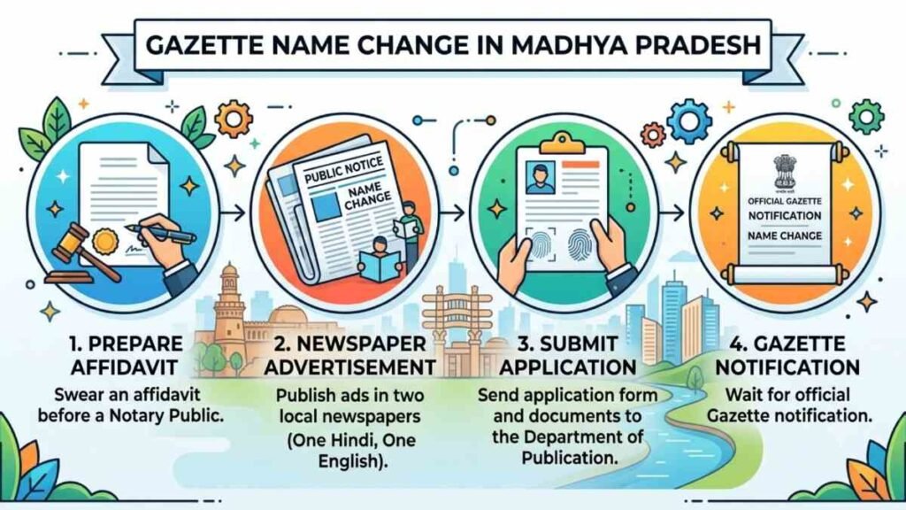 Infographic and steps showing the procedure for a Gazette Name Change in Madhya Pradesh