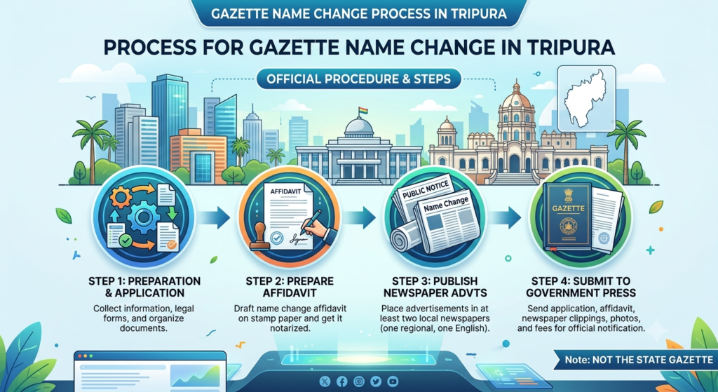 Step-by-step document and publication process for a gazette name change in Tripura