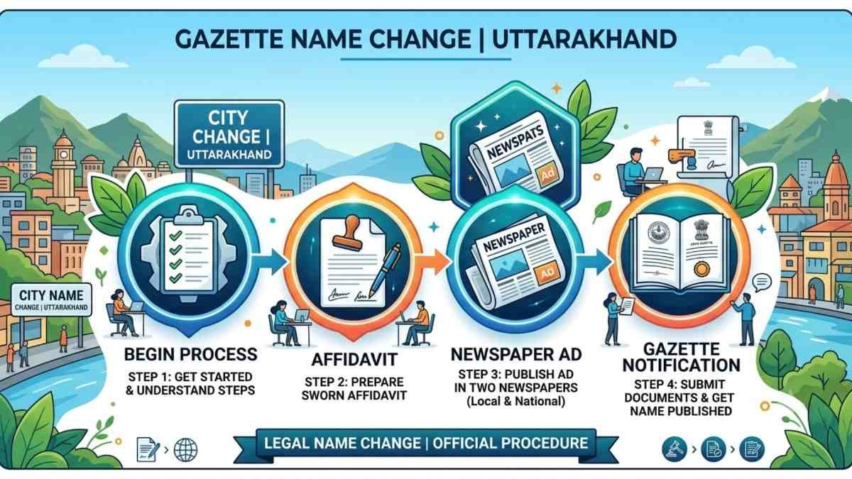 Infographic outlining the legal process for a Gazette Name Change in Uttarakhand