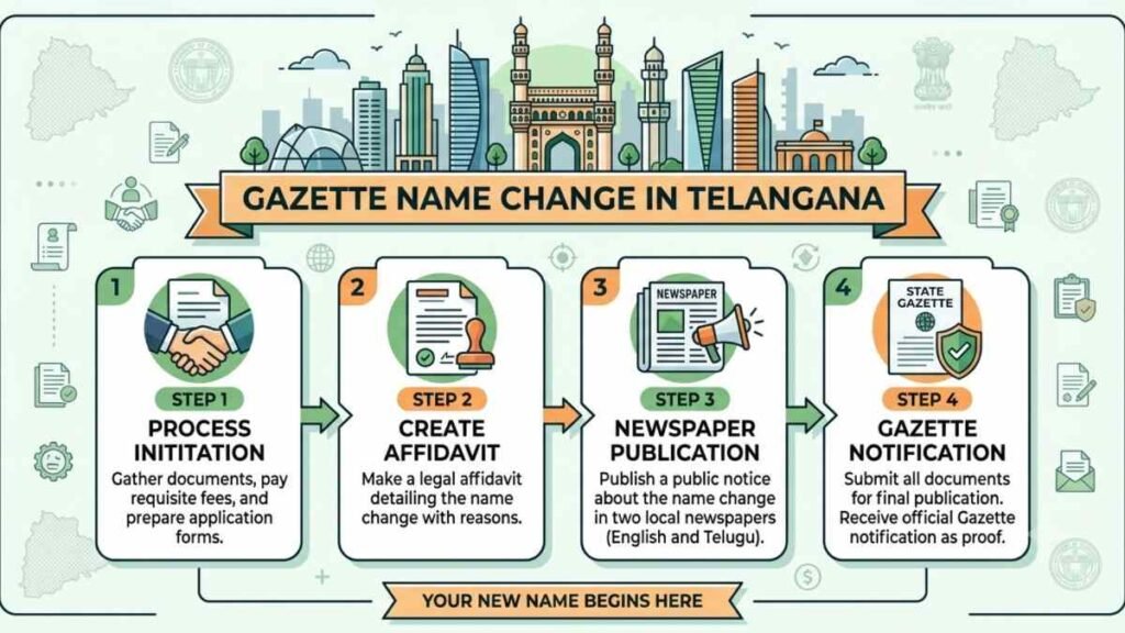 Step-by-step document guide and official publication process for a Gazette Name Change in Telangana