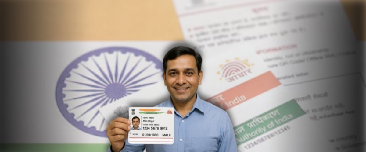 Aadhaar Card Your Primary Indian Identity Proof (2) A smiling man holds up his Aadhaar card, with the Indian flag and blurred official documents in the background, symbolizing national identity.