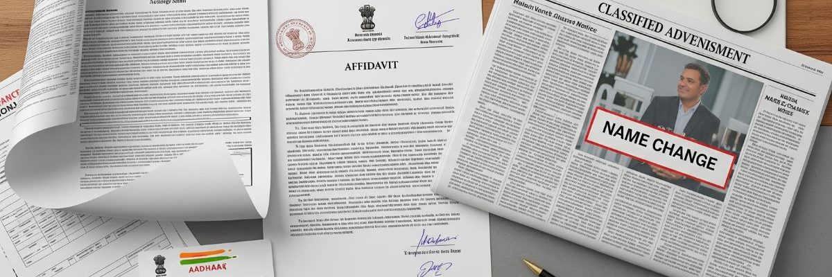 Affidavit & Newspaper Ad : A collection of documents essential for a legal name change, including the Gazette of India, an affidavit, a newspaper classified advertisement for name change, and an Aadhaar card, laid out on a table.