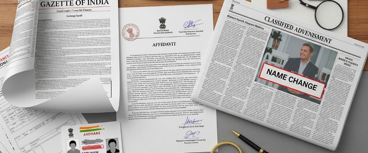 : A collection of documents essential for a legal name change, including the Gazette of India, an affidavit, a newspaper classified advertisement for name change, and an Aadhaar card, laid out on a table.