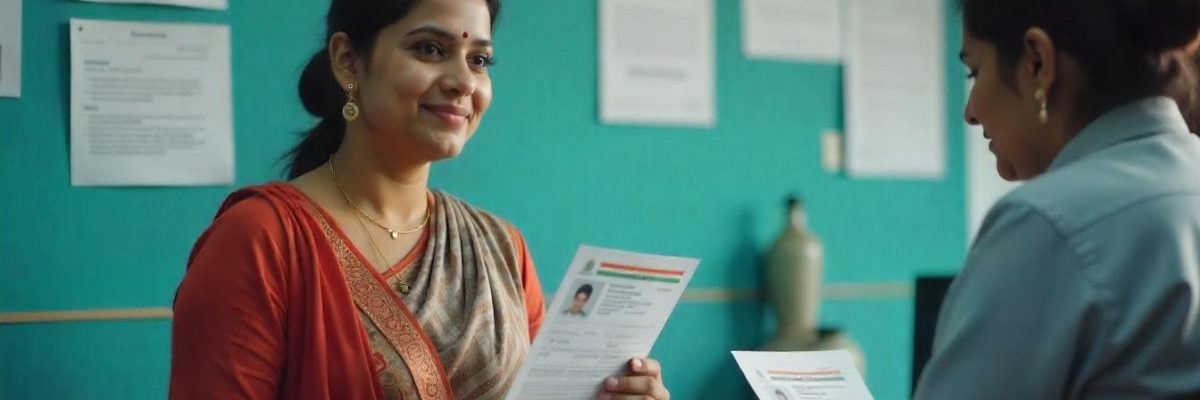pan card name change after marriage: A smiling woman in a saree hands documents, likely a PAN card or Aadhaar, to a service agent in an office setting, suggesting an in-person application process.