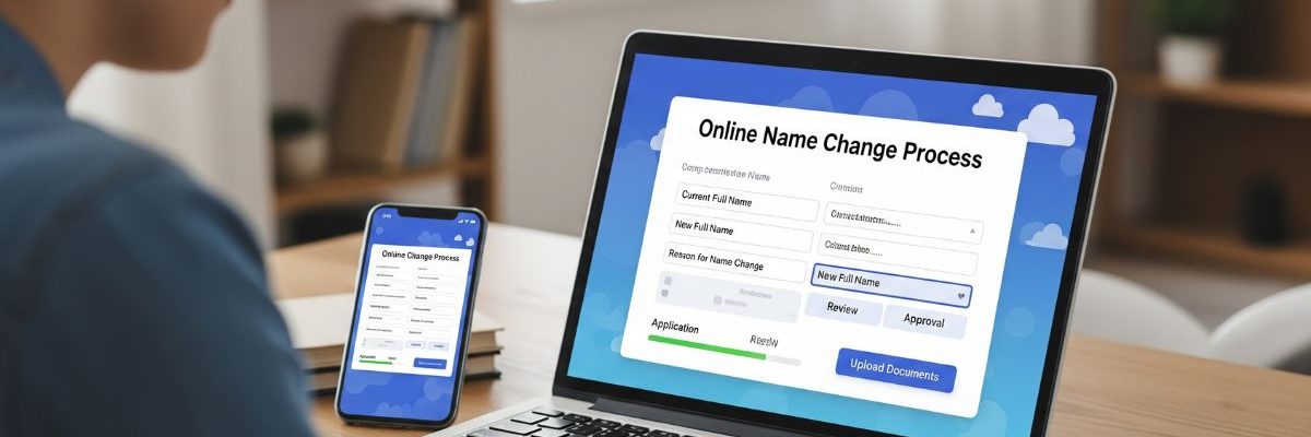 Digital Application for Name Change Online pan card name change after marriage online process: A person uses a laptop and smartphone to fill out an "Online Name Change Process" form, showing fields for current and new full names and document upload.