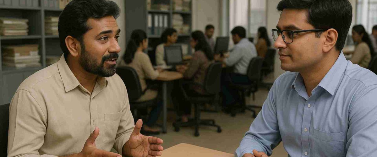 Engaging Discussion for gazette notification Two men are seated at a table in an office setting, engaged in a conversation. One man, with a beard, is gesturing with his hands as he speaks, while the other man, wearing glasses, listens attentively. Other people are visible in the background, working at computers.