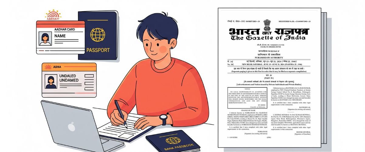 Essential Documents and Steps for Name Change with Gazette Publication An illustration of a person filling out documents on a laptop with an Aadhaar card, passport, bank passbook, and a copy of the Gazette of India visible.