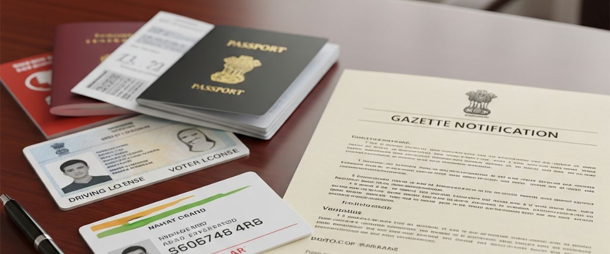 Essential Documents for Name Change in India A collection of Indian identity documents including an Aadhaar card, passports, driving license, voter ID, and a prominent Gazette Notification document on a wooden desk.