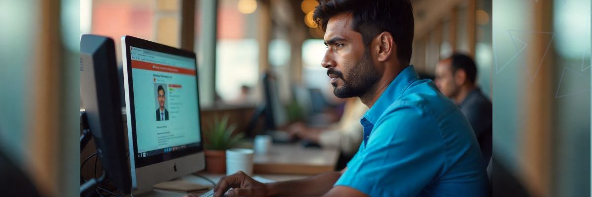 A man in a blue shirt is working on a computer, seemingly filling out forms related to a name change.
