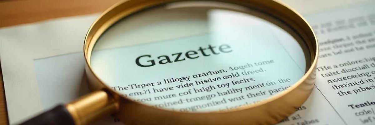 A magnifying glass resting on an official document, highlighting the word "Gazette".