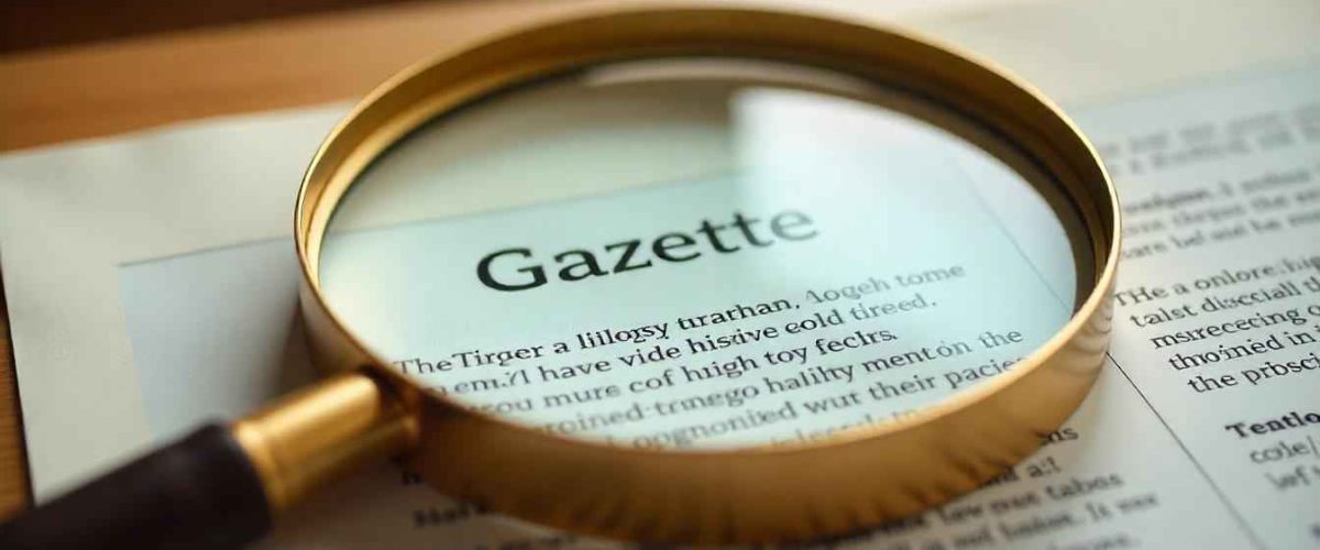 A magnifying glass resting on an official document, highlighting the word "Gazette".