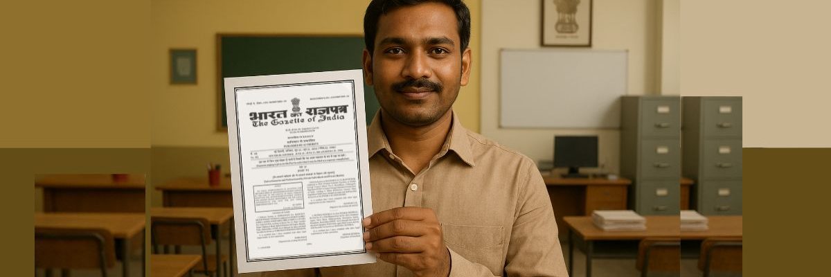A smiling man in a classroom setting proudly holds up a "Certificate of Gazette Notification."