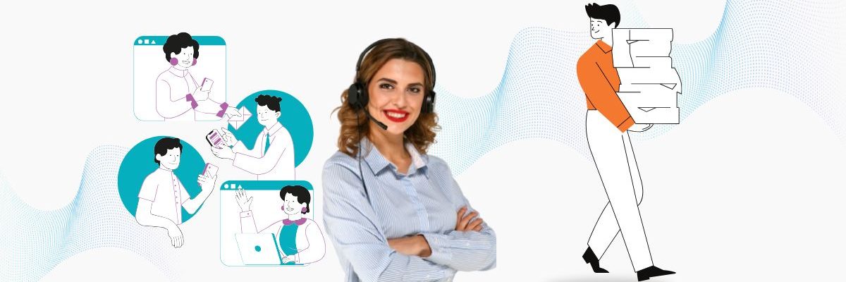 Online Support for Gazette Name Change & Name Change Process Customer service representative assisting individuals with gazette name change and name change process inquiries, with a man carrying documents representing the gazette for name change.