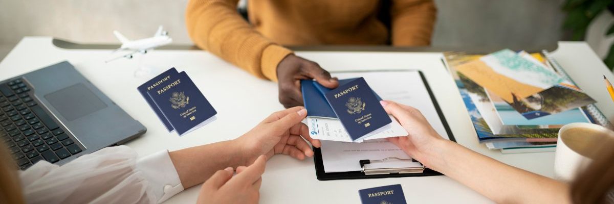 Passport Application and Renewal Process People exchanging passports and documents across a desk, suggesting the process of applying for a name change in passport or other passport-related services.