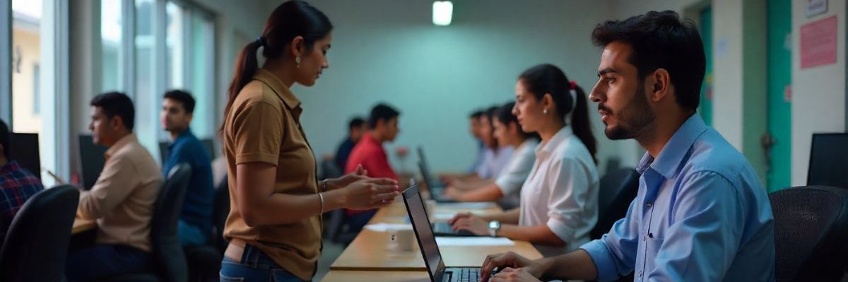 Students or employees at computers in a lab setting, possibly working on aadhar card updates or enrollment forms.