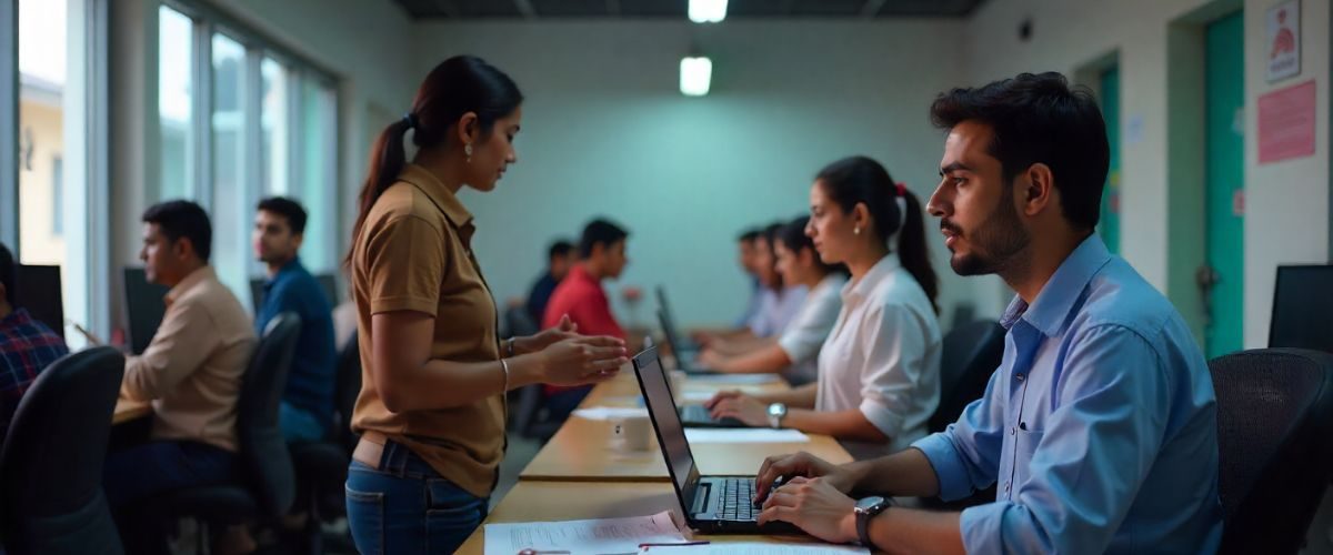 Students or employees at computers in a lab setting, possibly working on aadhar card updates or enrollment forms.