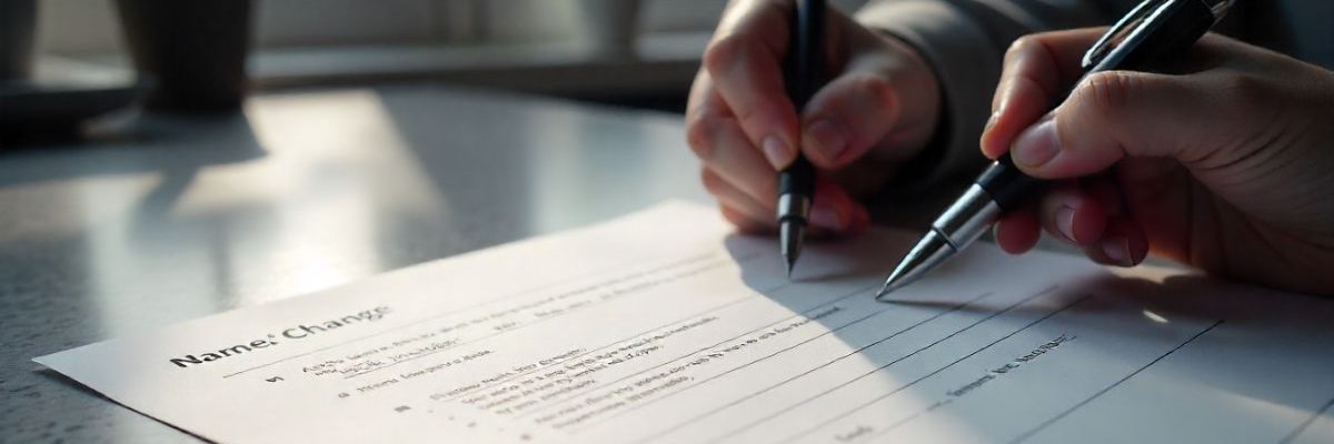 Close-up of hands filling out a form titled 'Name: Change', likely a request for an update to an aadhar card.