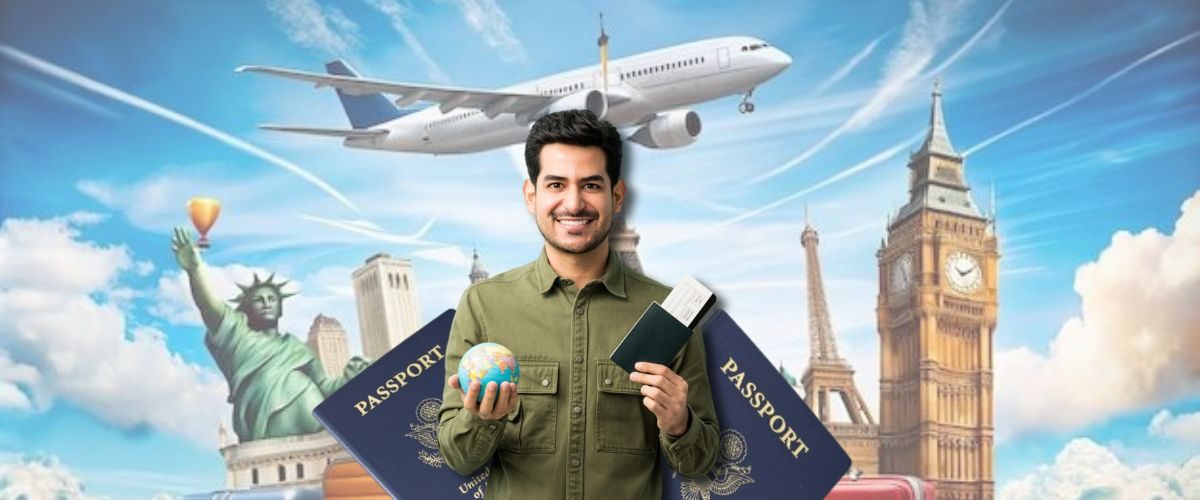 The Excitement of Travel After a Passport Name Change A smiling man holding a globe and a passport with a boarding pass, superimposed on famous global landmarks and an airplane, emphasizing name change in passport for international travel.
