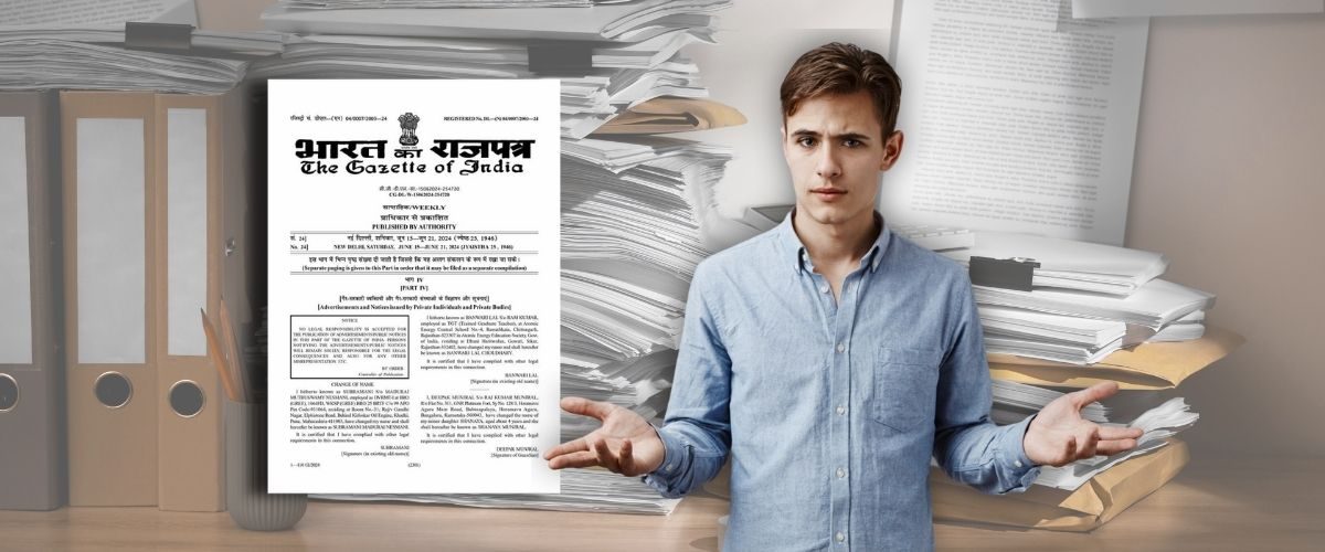 The Overwhelming Burden of Legal Paperwork and The Gazette of India Confused man shrugging, standing in front of stacks of overwhelming paperwork with The Gazette of India document floating in the foreground.