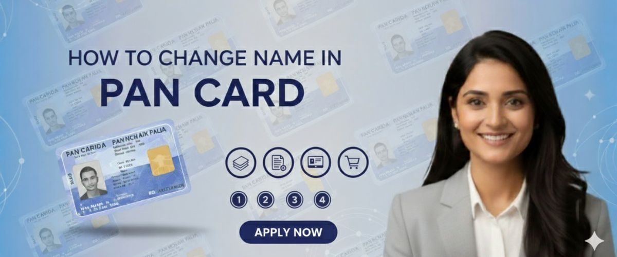 A smiling woman in professional attire next to a PAN card, with text "HOW TO CHANGE NAME IN PAN CARD" and icons representing the application process.